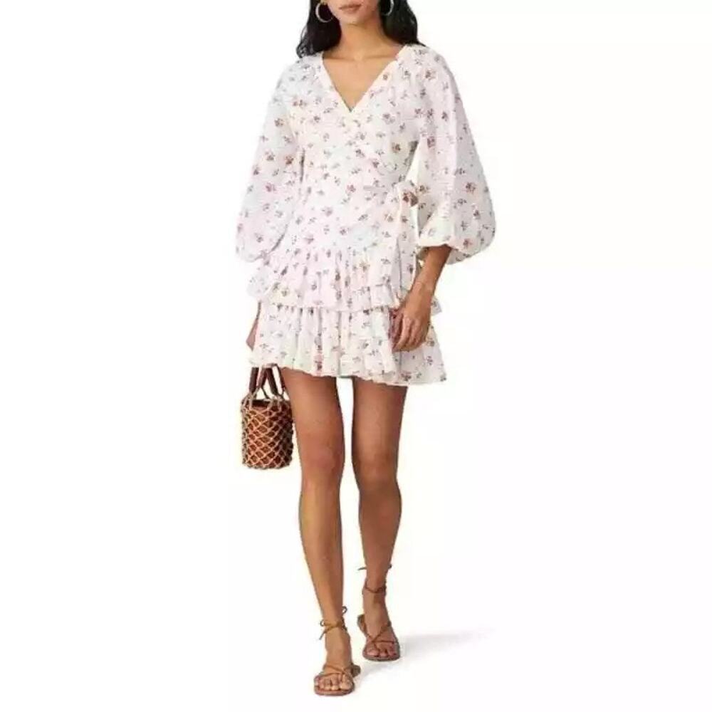Maia Bergman Floral Eyelet Wrap Mini Dress White Balloon Sleeve White/Red Size L